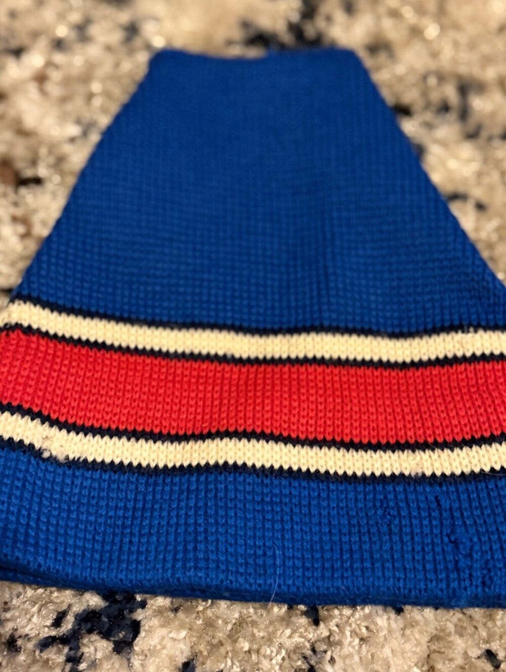 Vintage Smiley Striped Knit Beanie Blue Red Cream 100% Wool